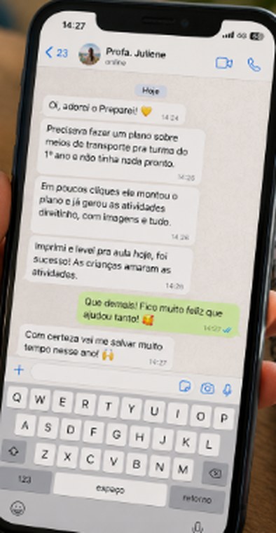 Mensagem da professora Juliene: precisava de um plano sobre meios de transporte e montou em poucos cliques