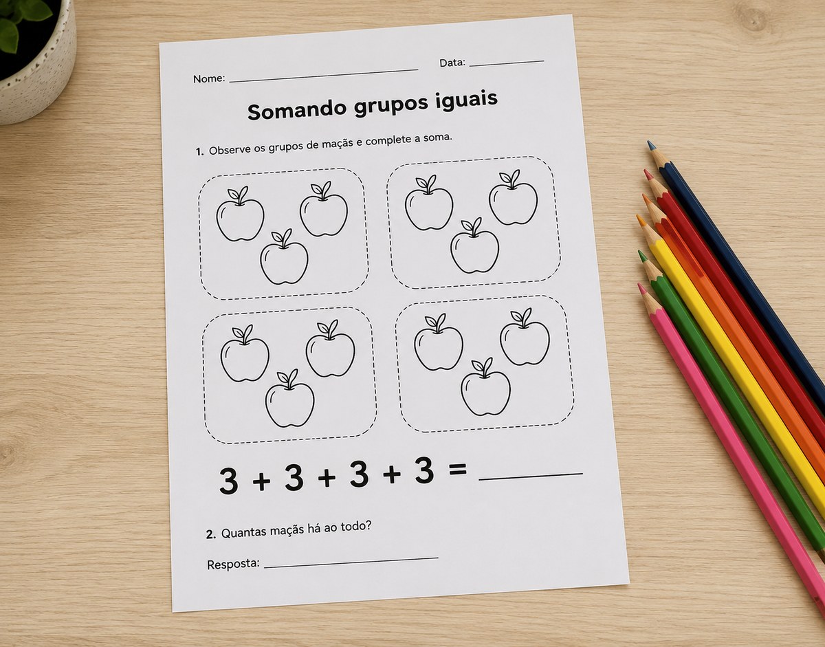 Atividade de multiplicação com grupos de maçãs, pronta para imprimir