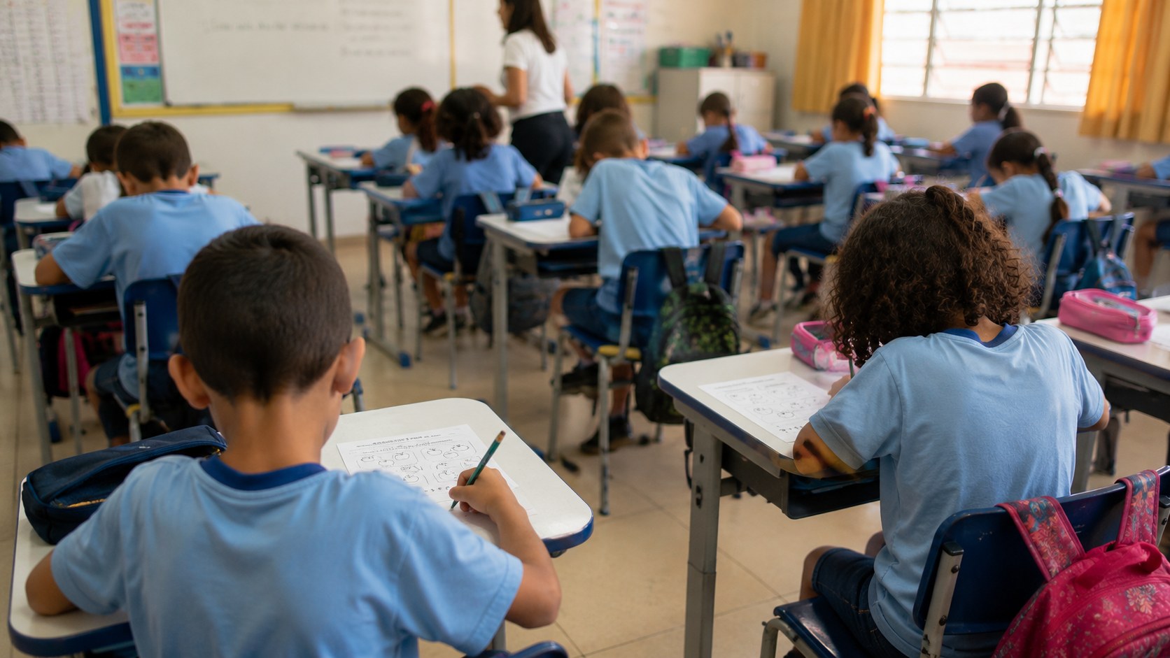 Turma do fundamental fazendo a atividade impressa do Preparei em sala