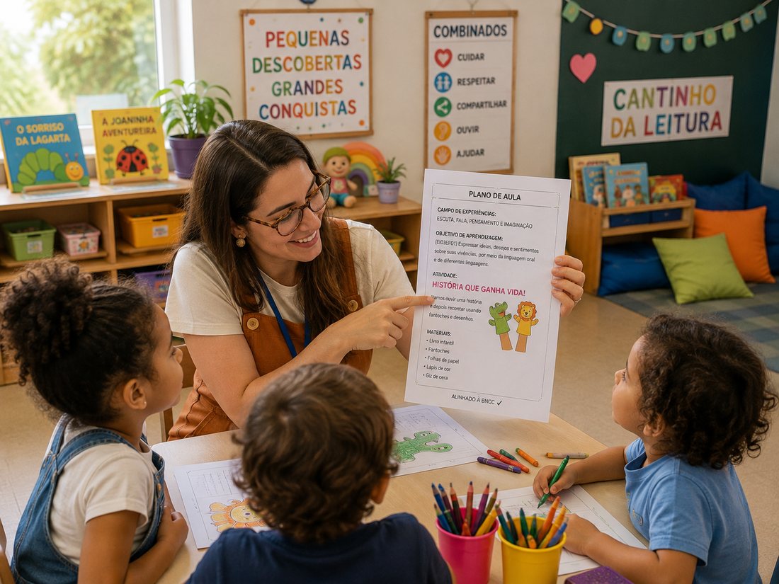 Professora apresentando o plano de aula para a turma